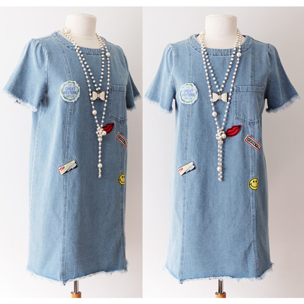 Denim Jean Cotton Patch Pocket Fray Edge Shift Dress